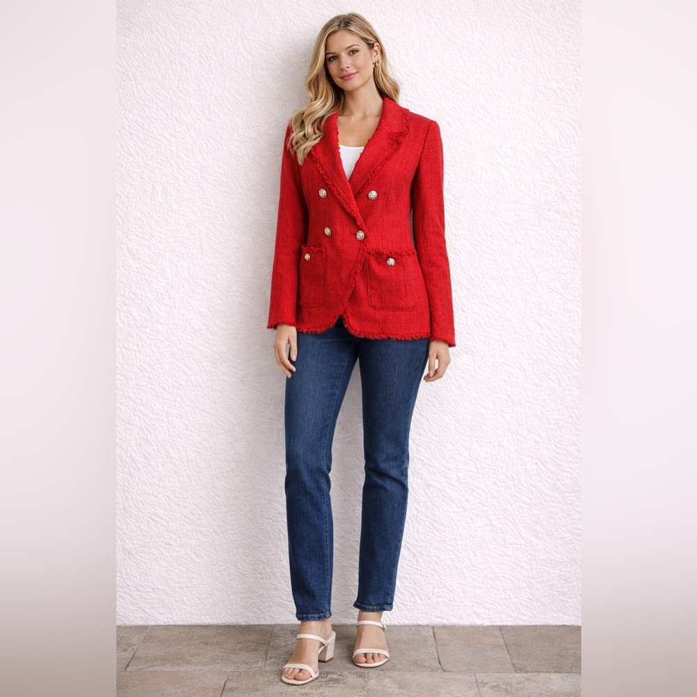 NWT $259 House of Harlow Red Tweed Double Breasted
Blazer Frayed Trim